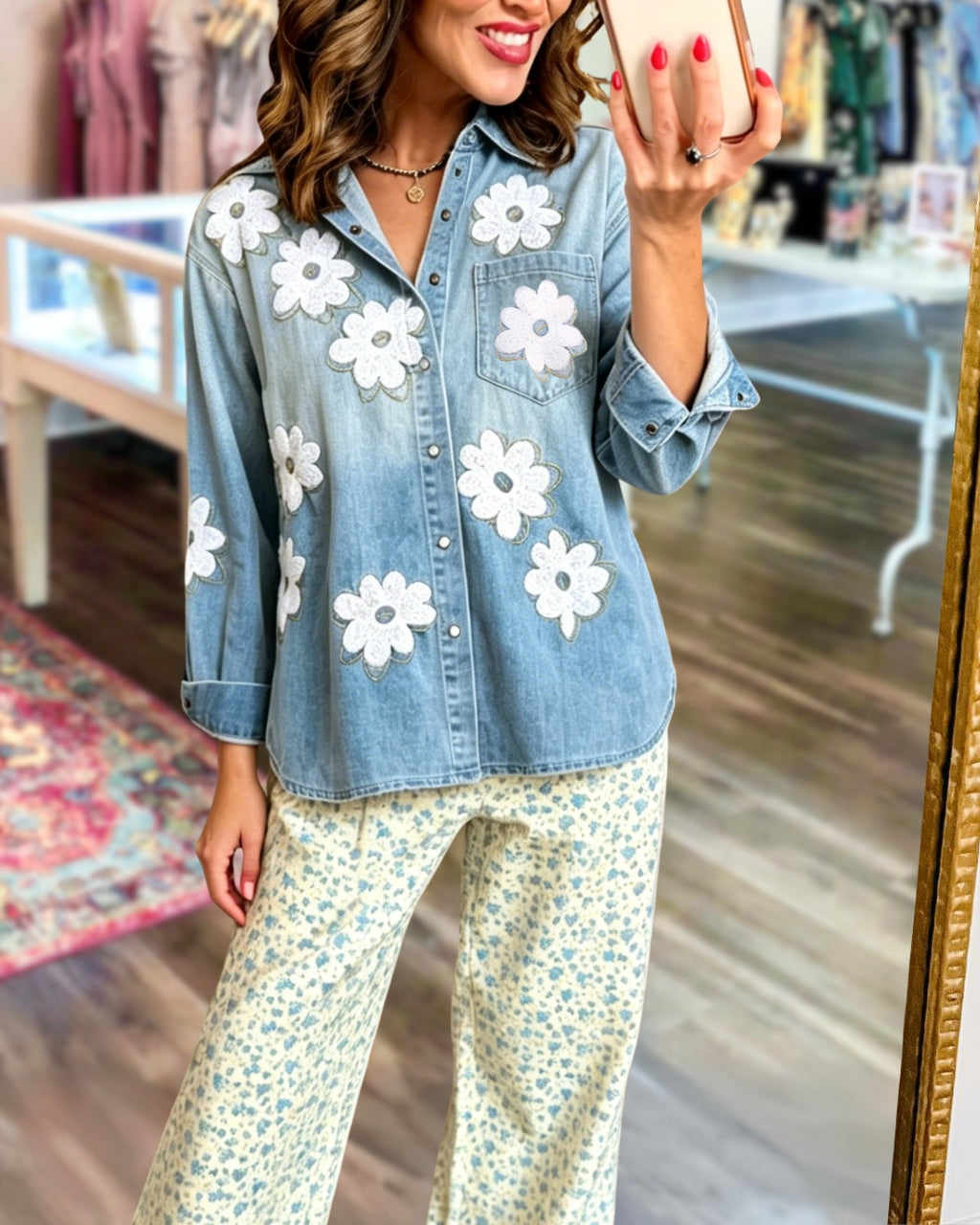 Floral Embroidered Denim Shirt