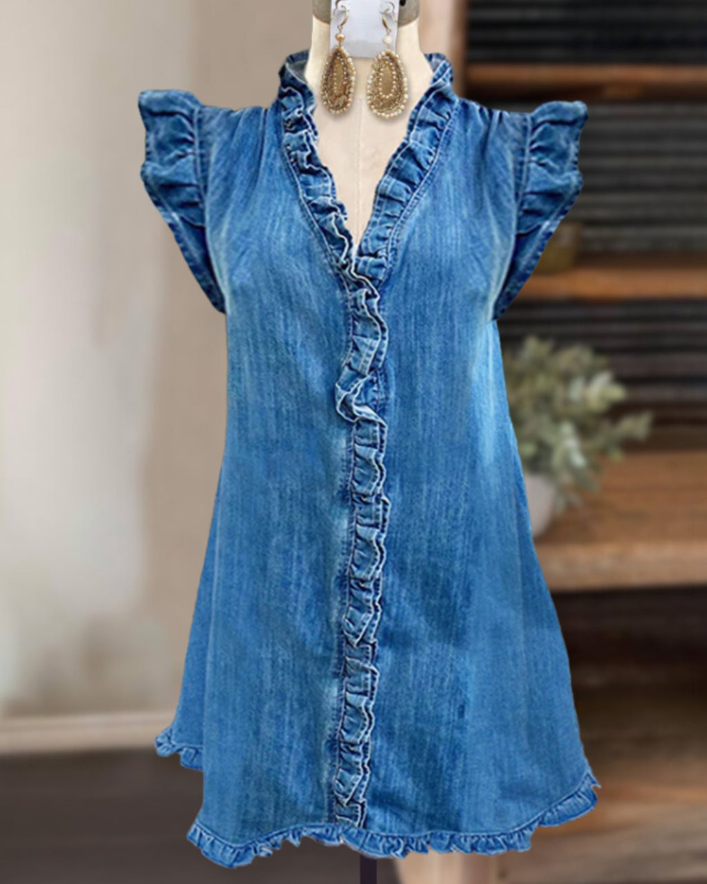 Cute Ruffled Denim Mini Dress