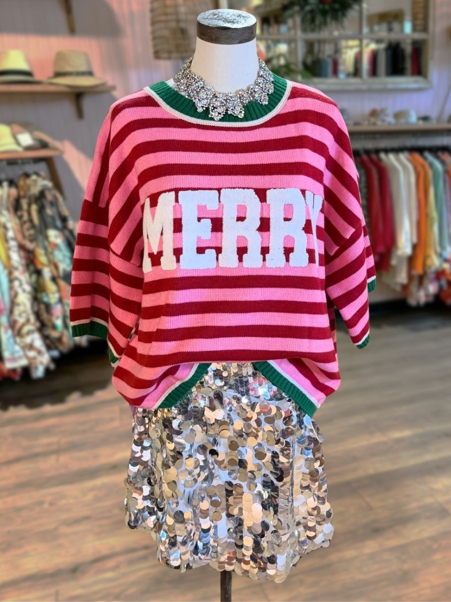 MERRY Embroidered Striped Color-Block Top
