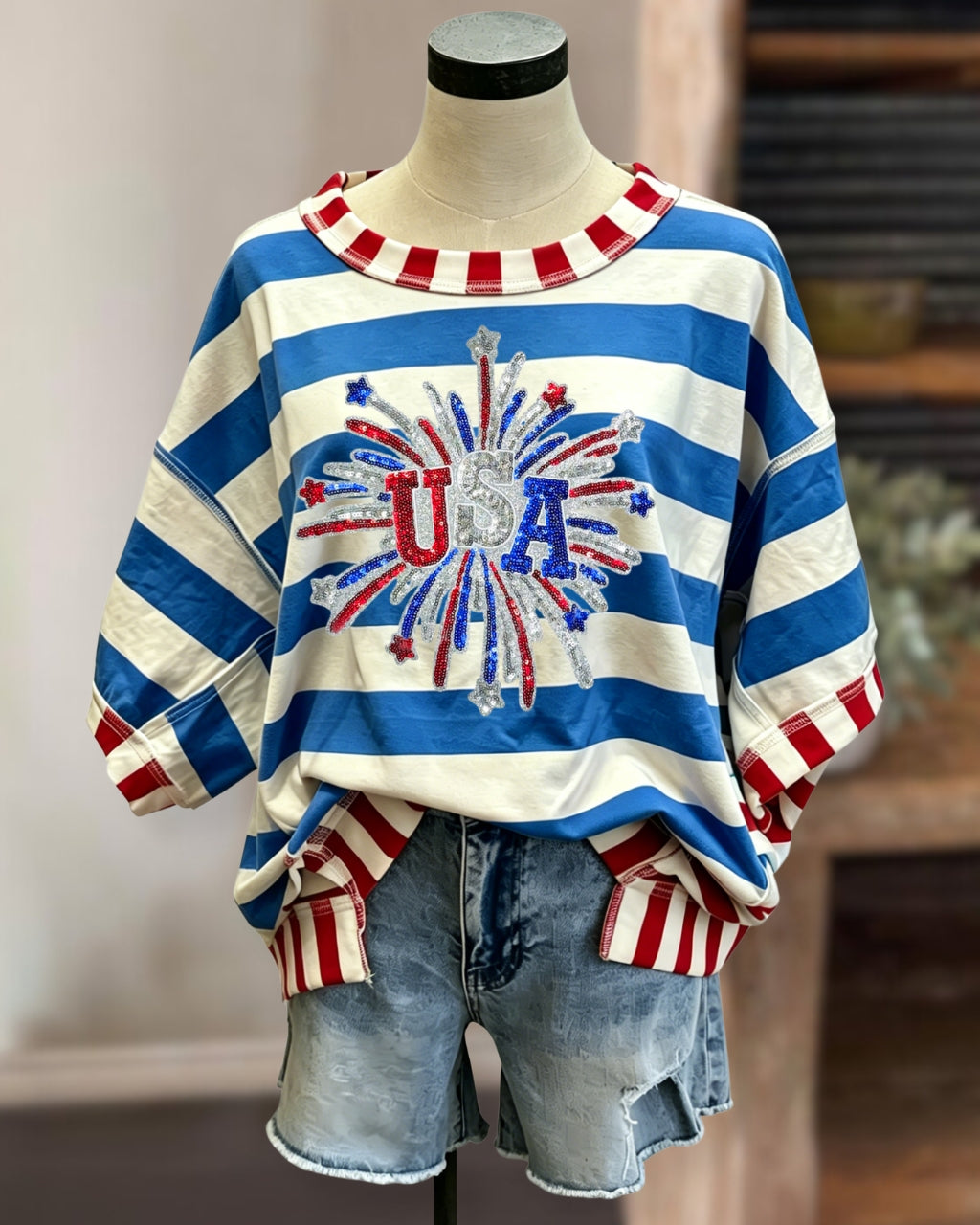 USA Fireworks Sequin Striped Top