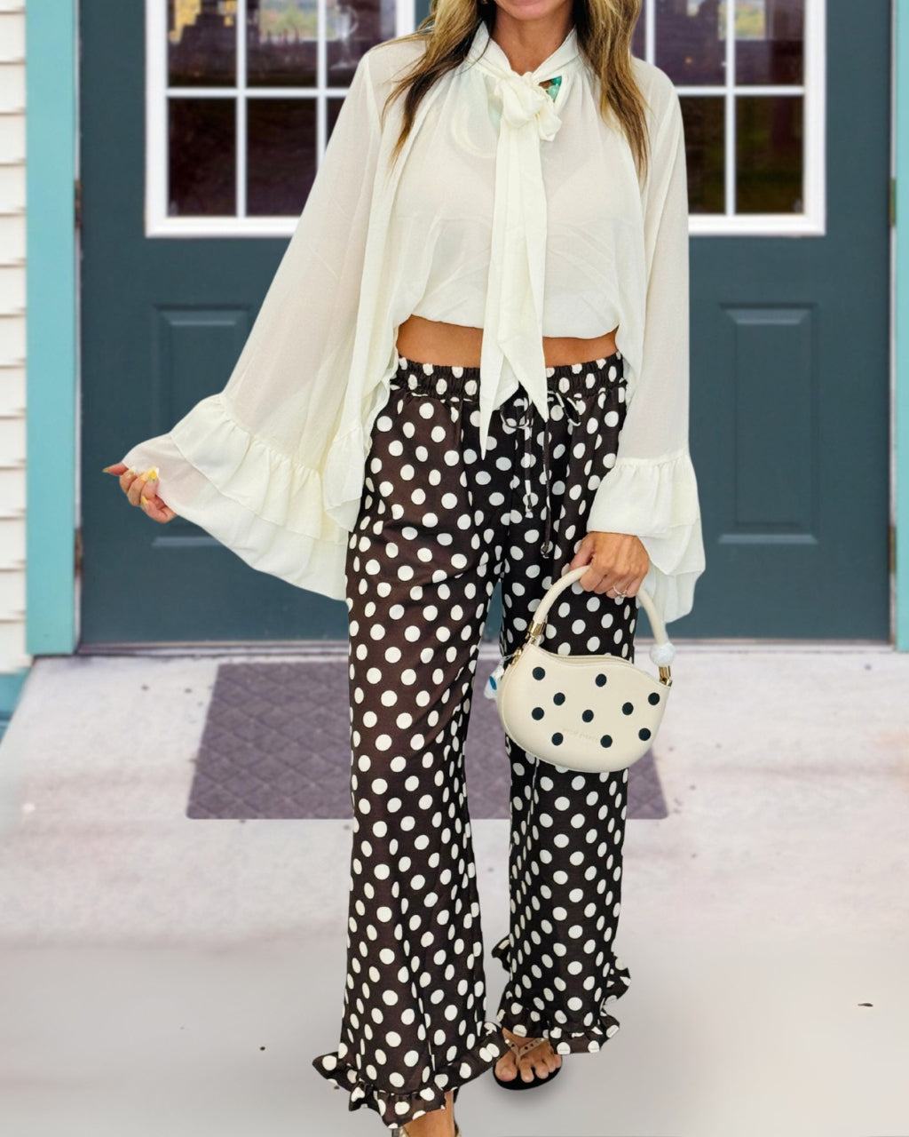 Polka-Dot Ruffled Satin Pants