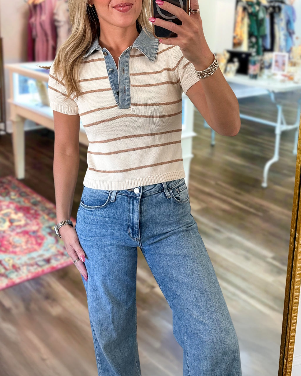 Denim Patchwork Collar Striped Top