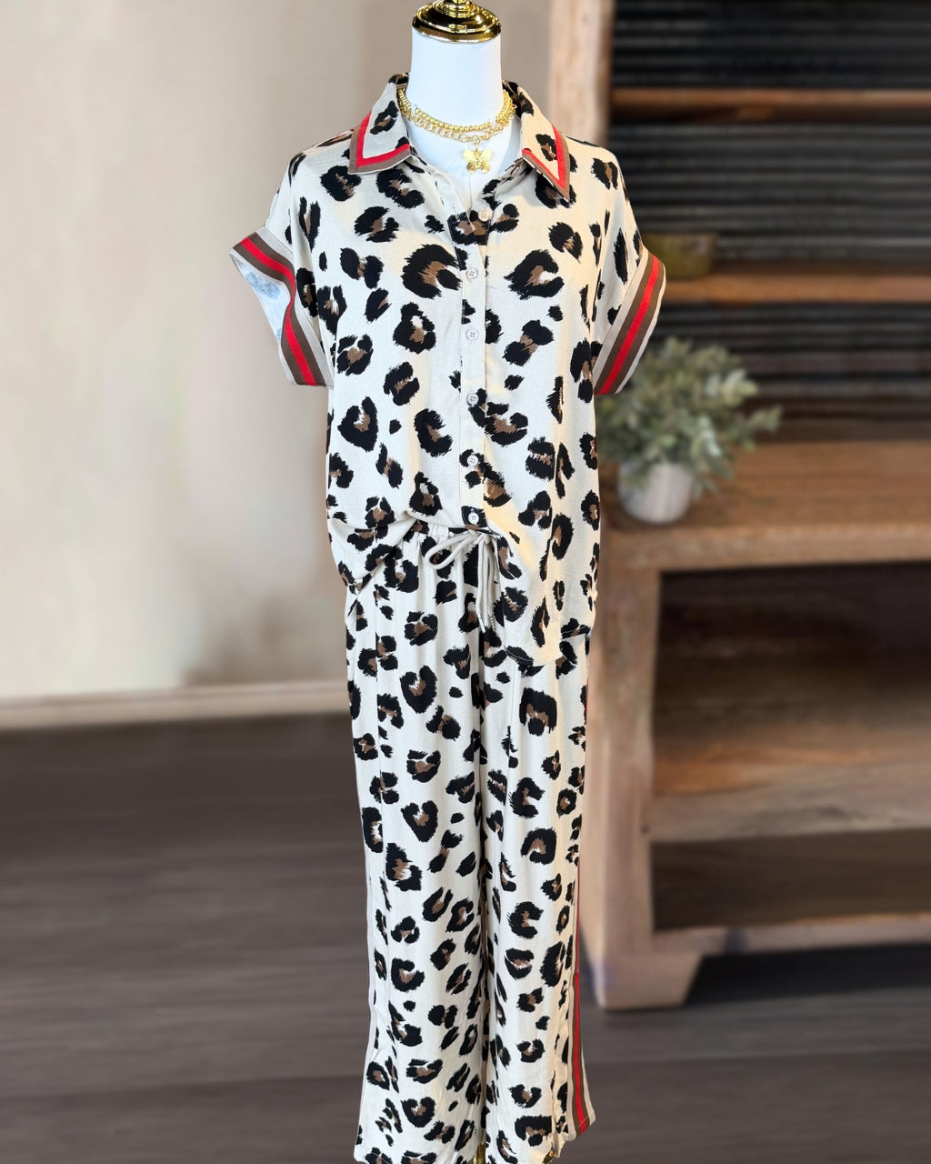 Contrasting Trim Leopard Satin Set