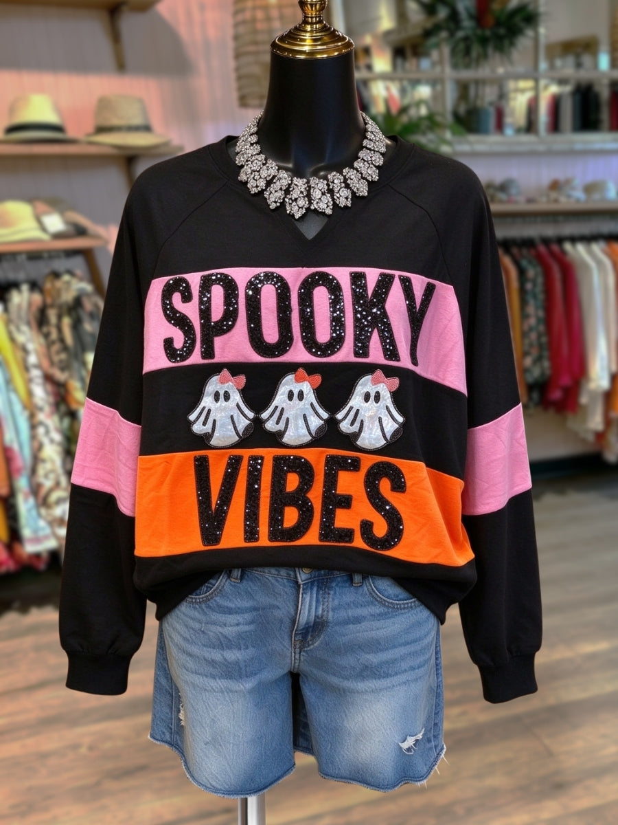 SPOOKY VIBES Sequined Color-Block Pullover