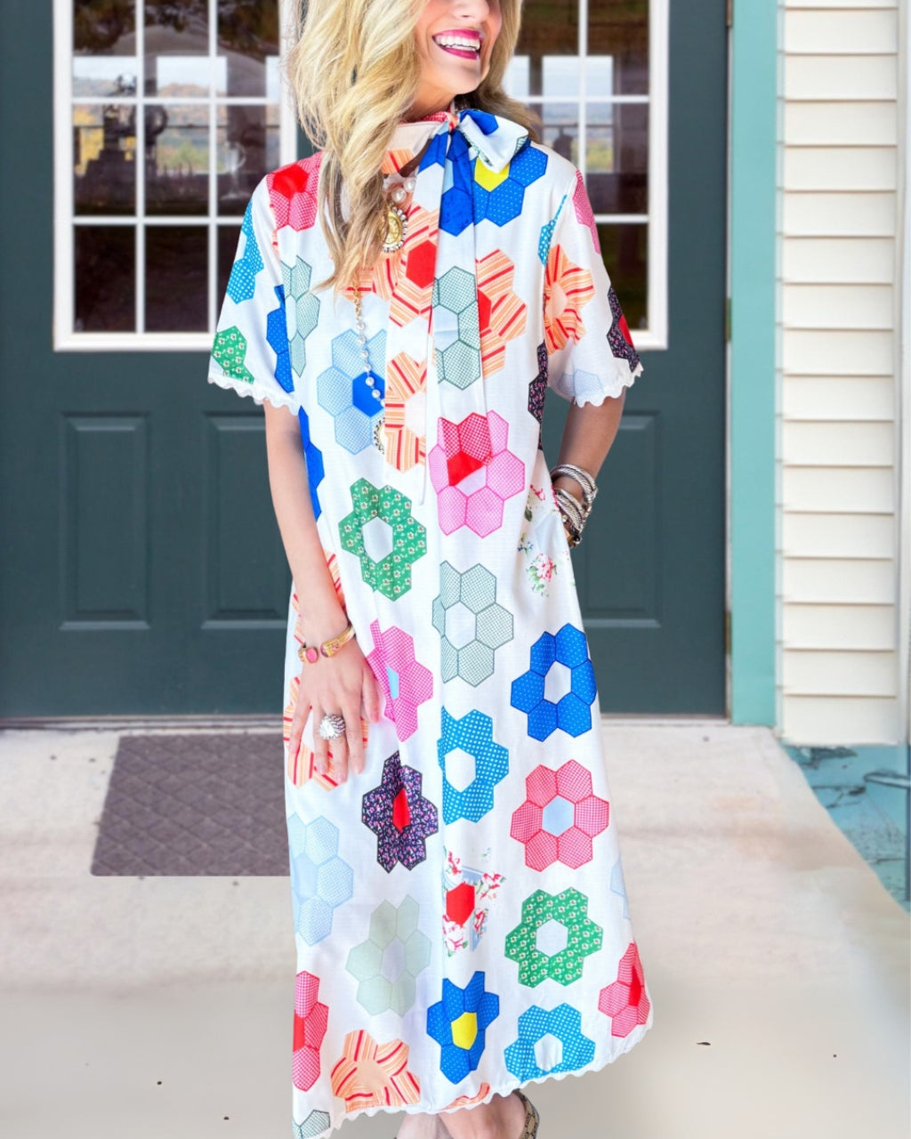 Geometric Floral Satin Dress