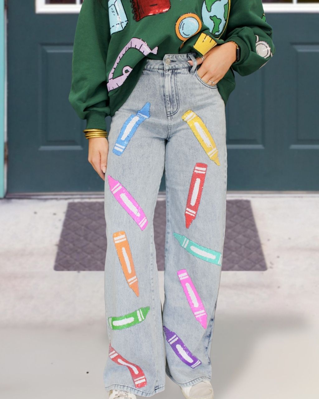 Colored Crayon Sequined Denim Pants