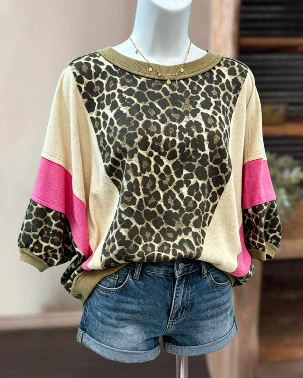 Leopard Waffle Patchwork Top