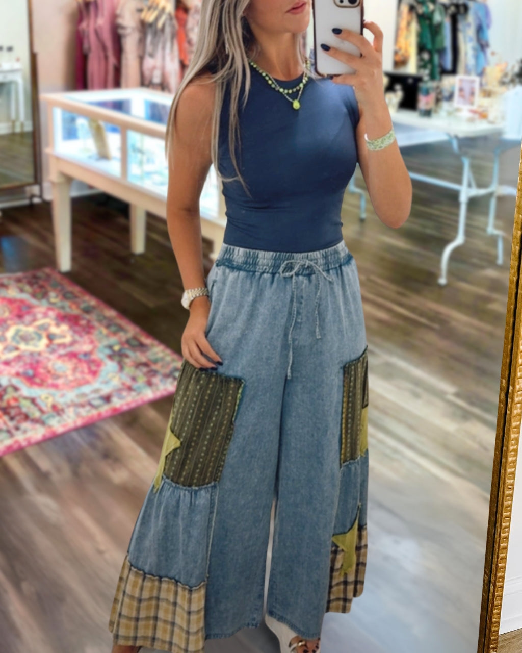 Star Patchwork Wide-Leg Denim Pants