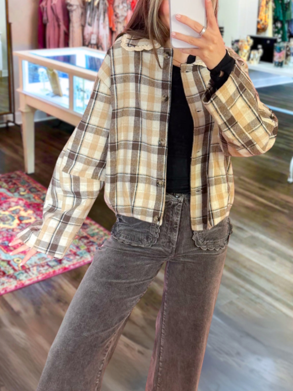 Lace Trimmed Plaid Wool Blend Jacket