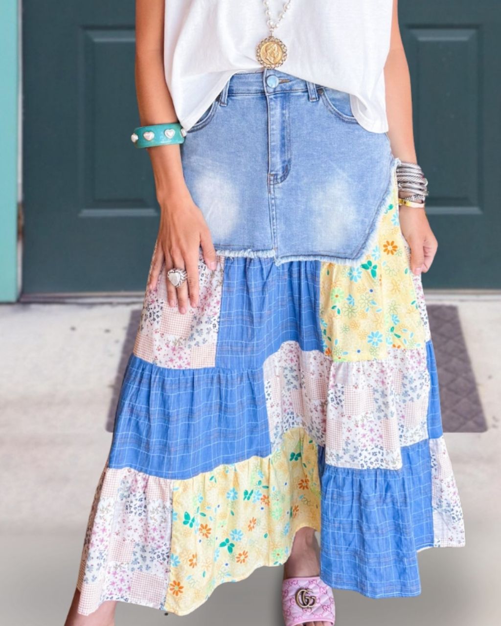 Floral Patchwork Denim Skirt