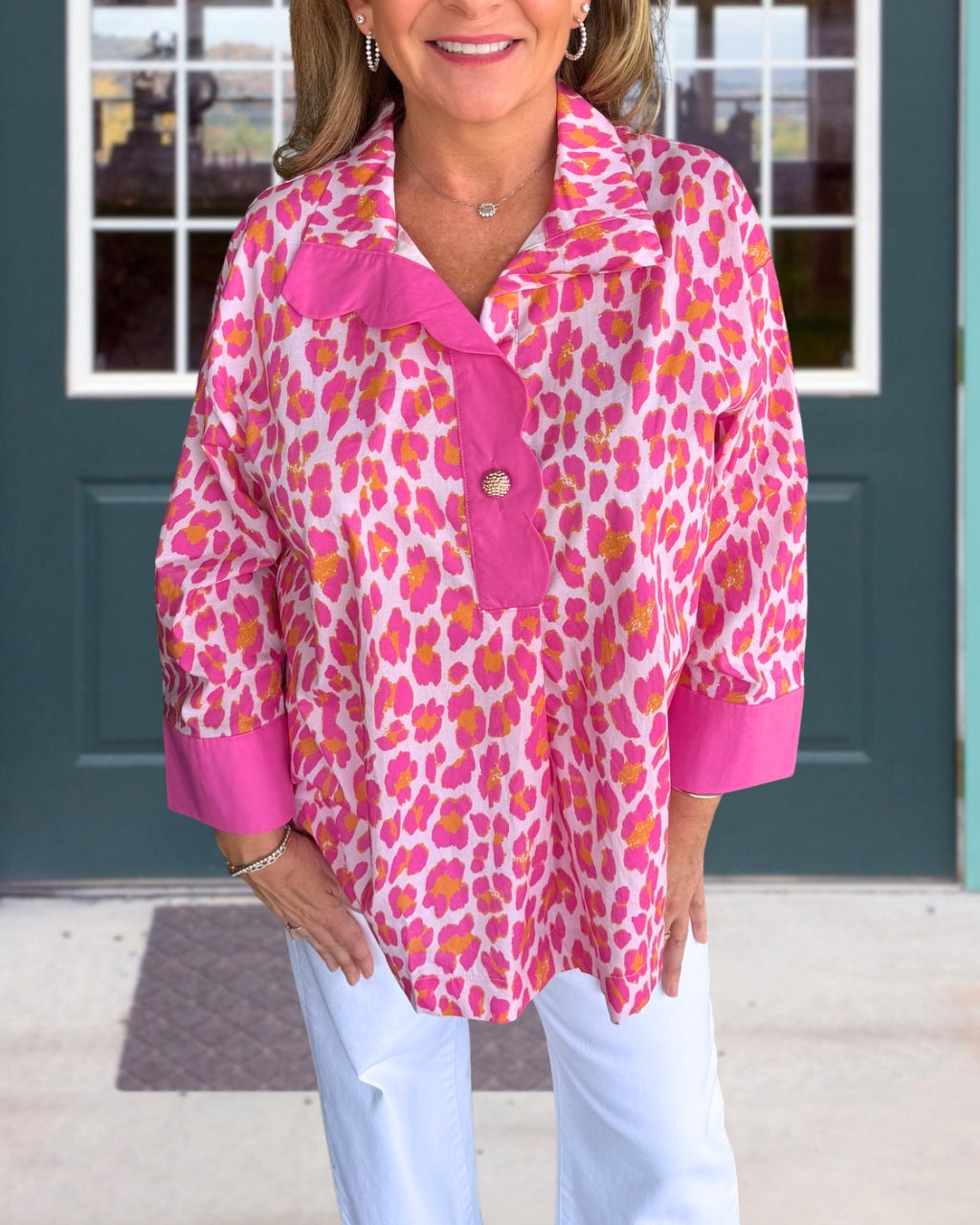 Color-blocked Leopard Half-open Collar Top