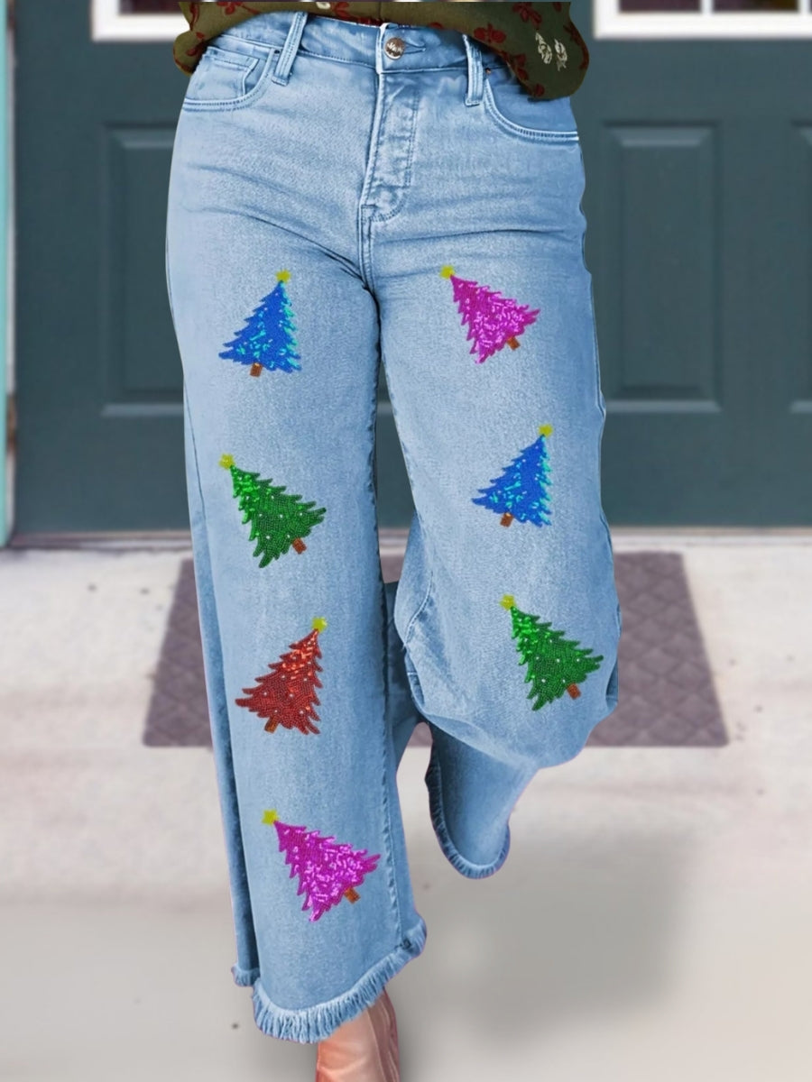 Colorful Christmas Tree Sequined Frayed Jeans
