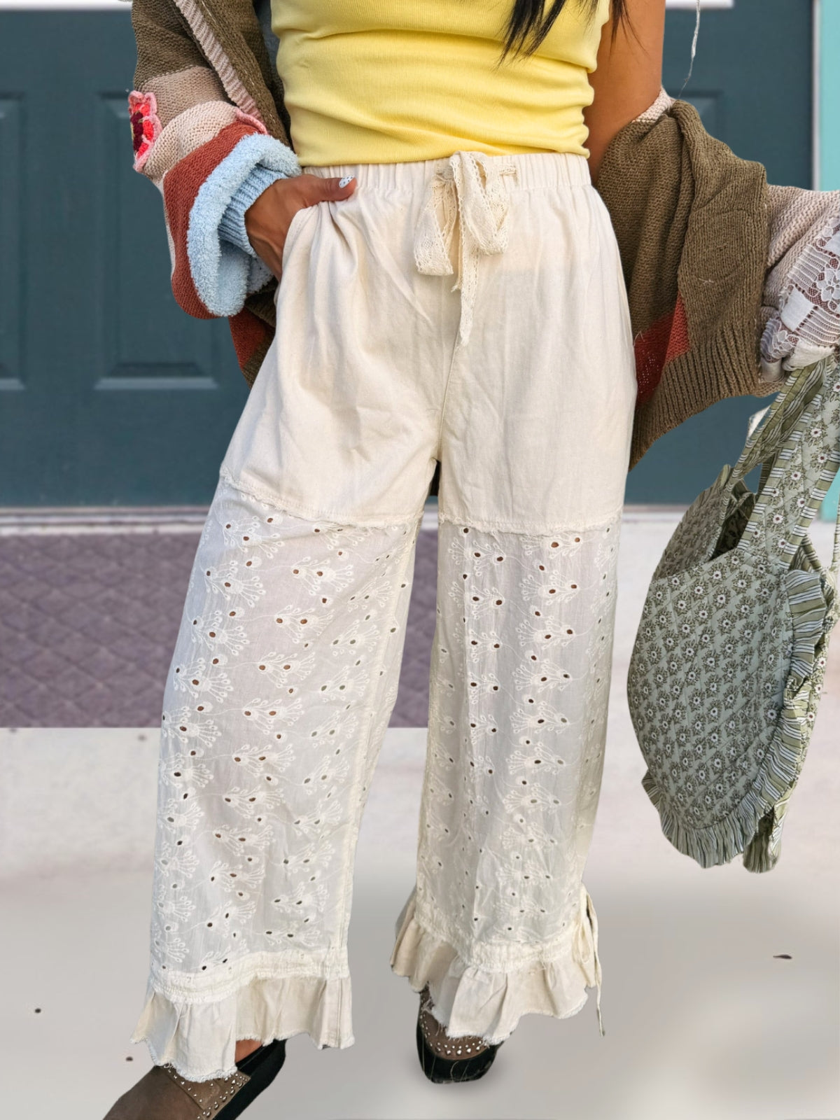 Ruffled Openwork Patchwork Pants