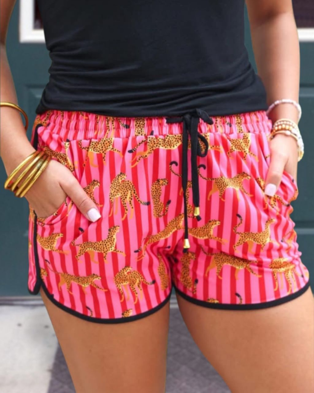 Leopard Striped Drawstring Shorts