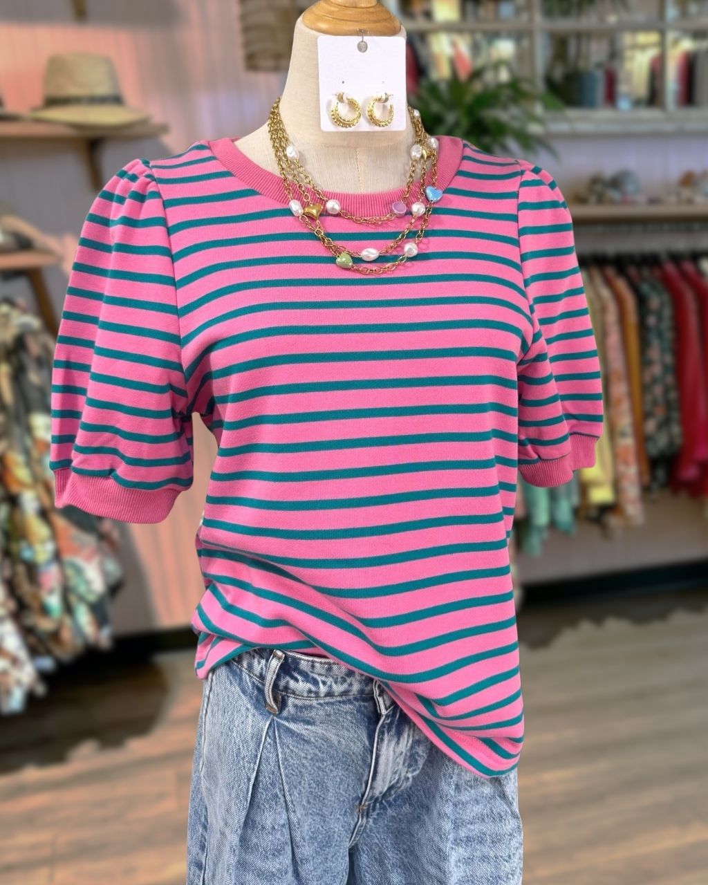 Color-blocked Striped Ribbed Trim Top