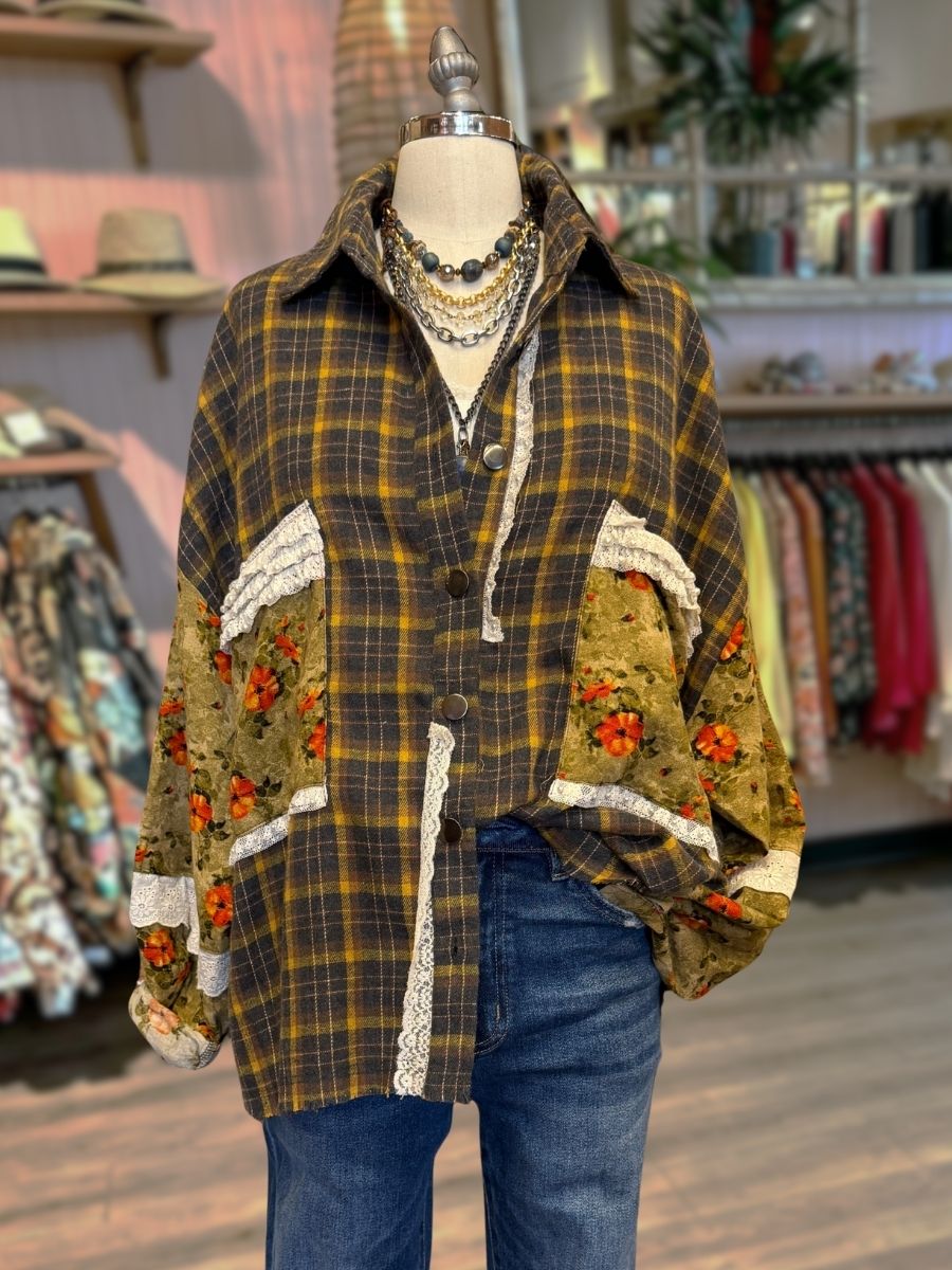 Brushed Plaid Appliqué Lace Shirt