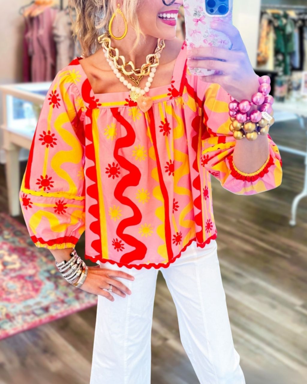 Wavy Sun Print Satin Top