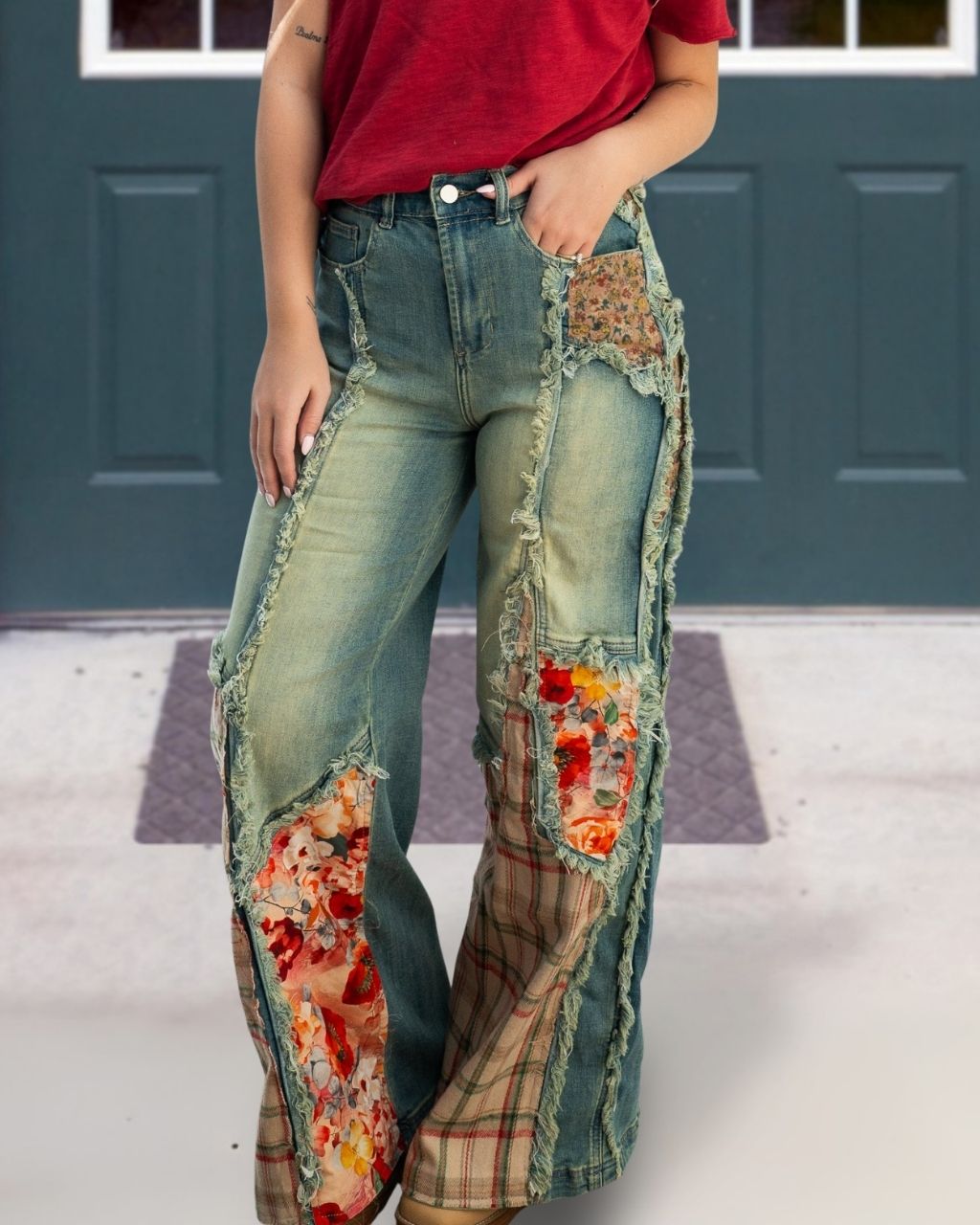 Floral Patchwork Stretch Denim Jeans