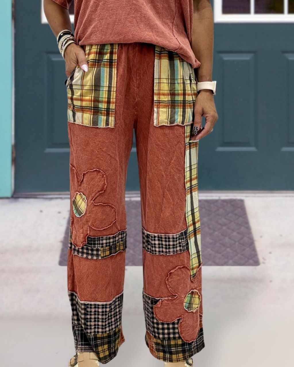 Checkered Floral Embroidered Patch Pants