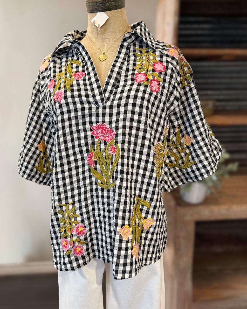 Floral Botanical Embroidered Plaid Top