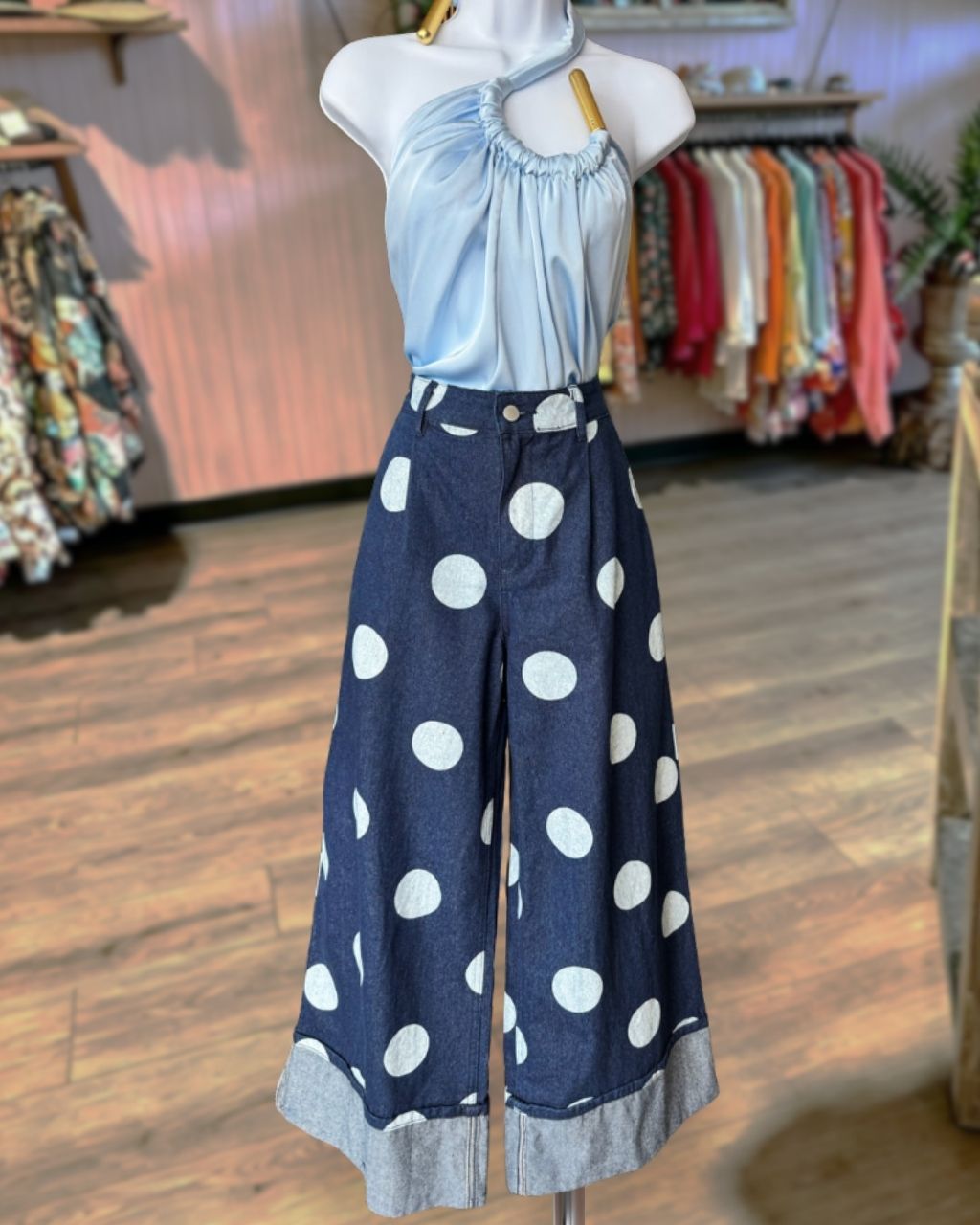 Polka-dot Wide-leg Denim Trousers