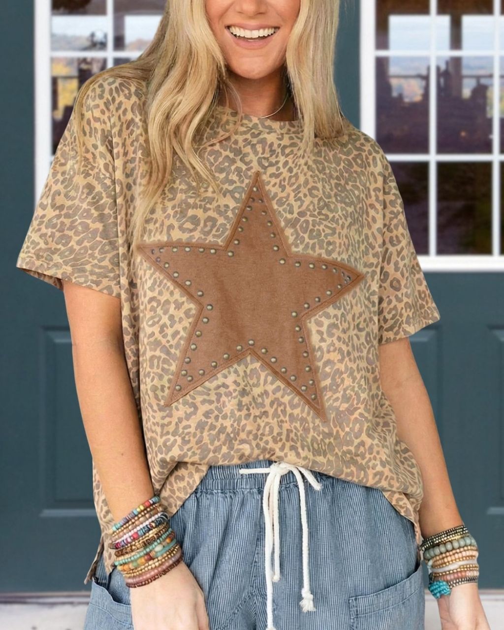 Leopard Star-Embroidered Beaded T-Shirt