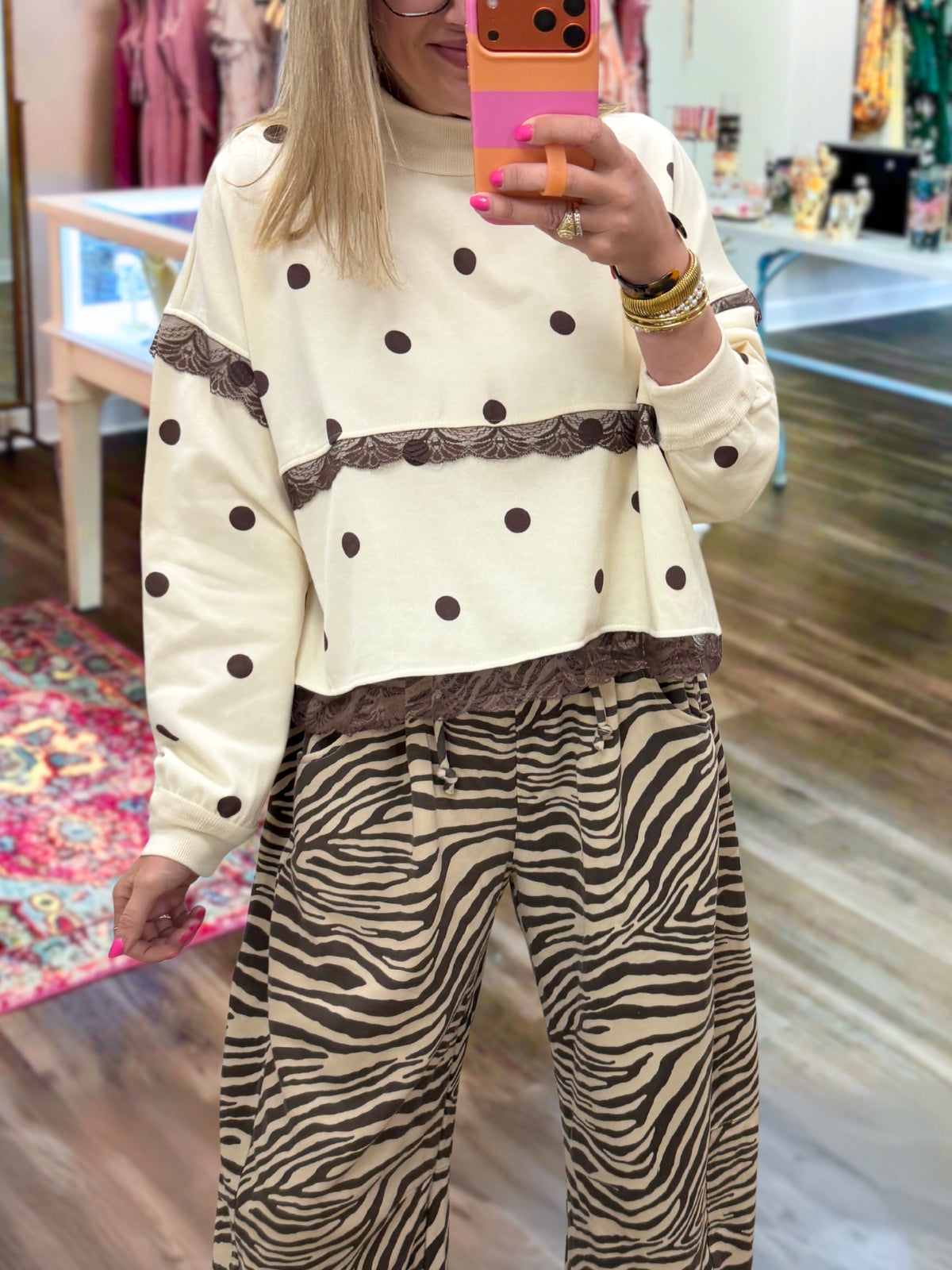 Lace Trim Polka Dot Pullover