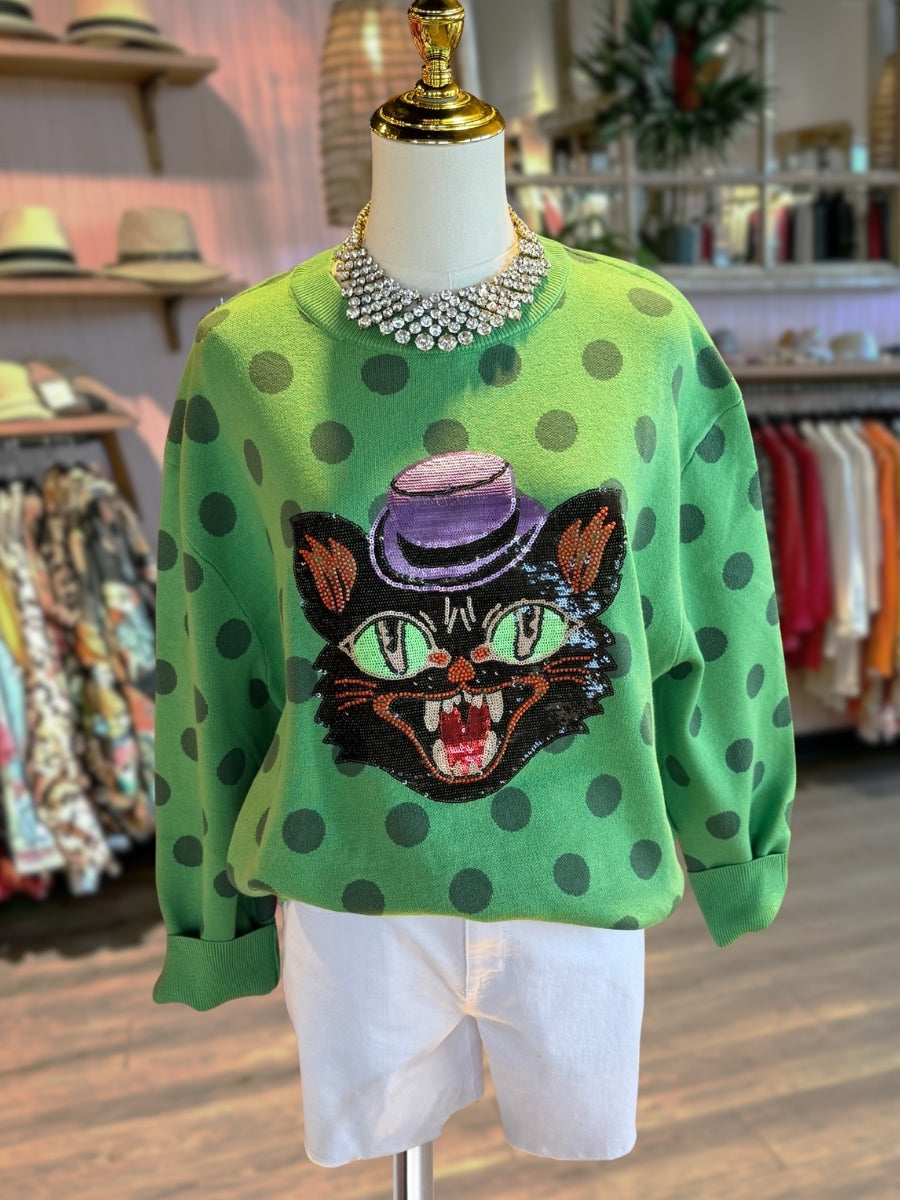 Polka-Dot Black Cat Sequin Pullover