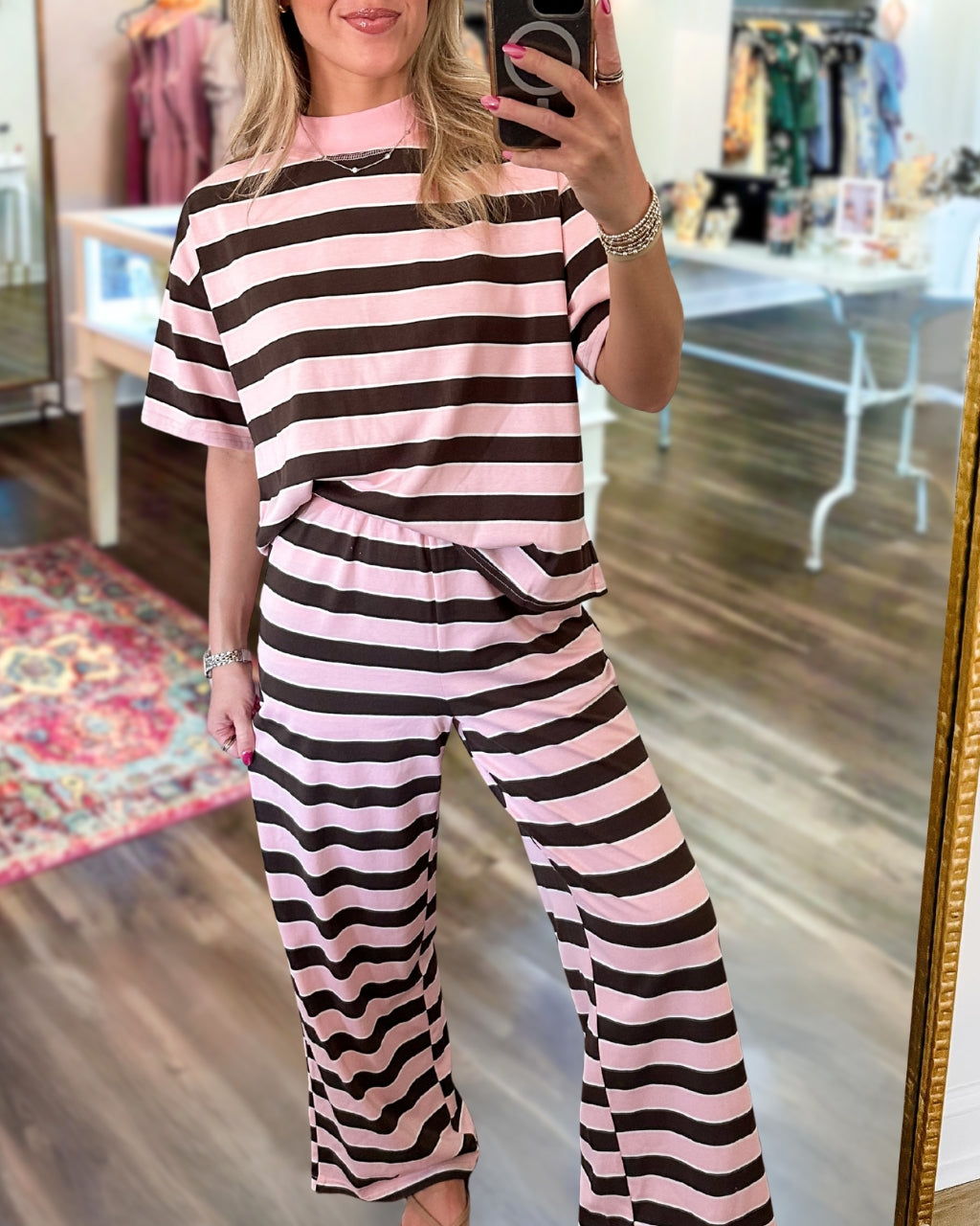 Casual Color-blocked Striped Set