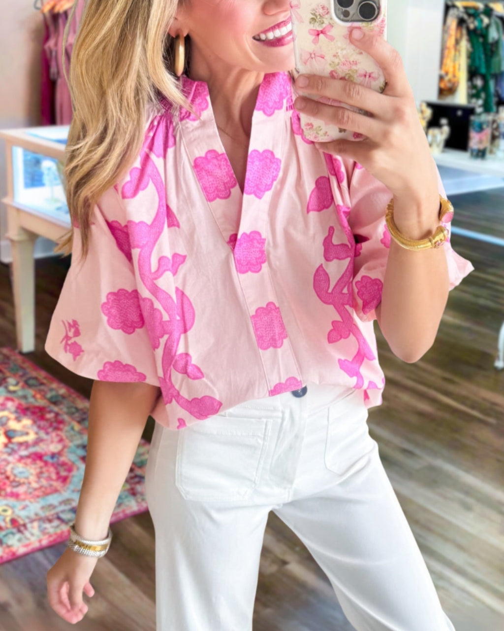 Floral Pattern V-neck Satin Top