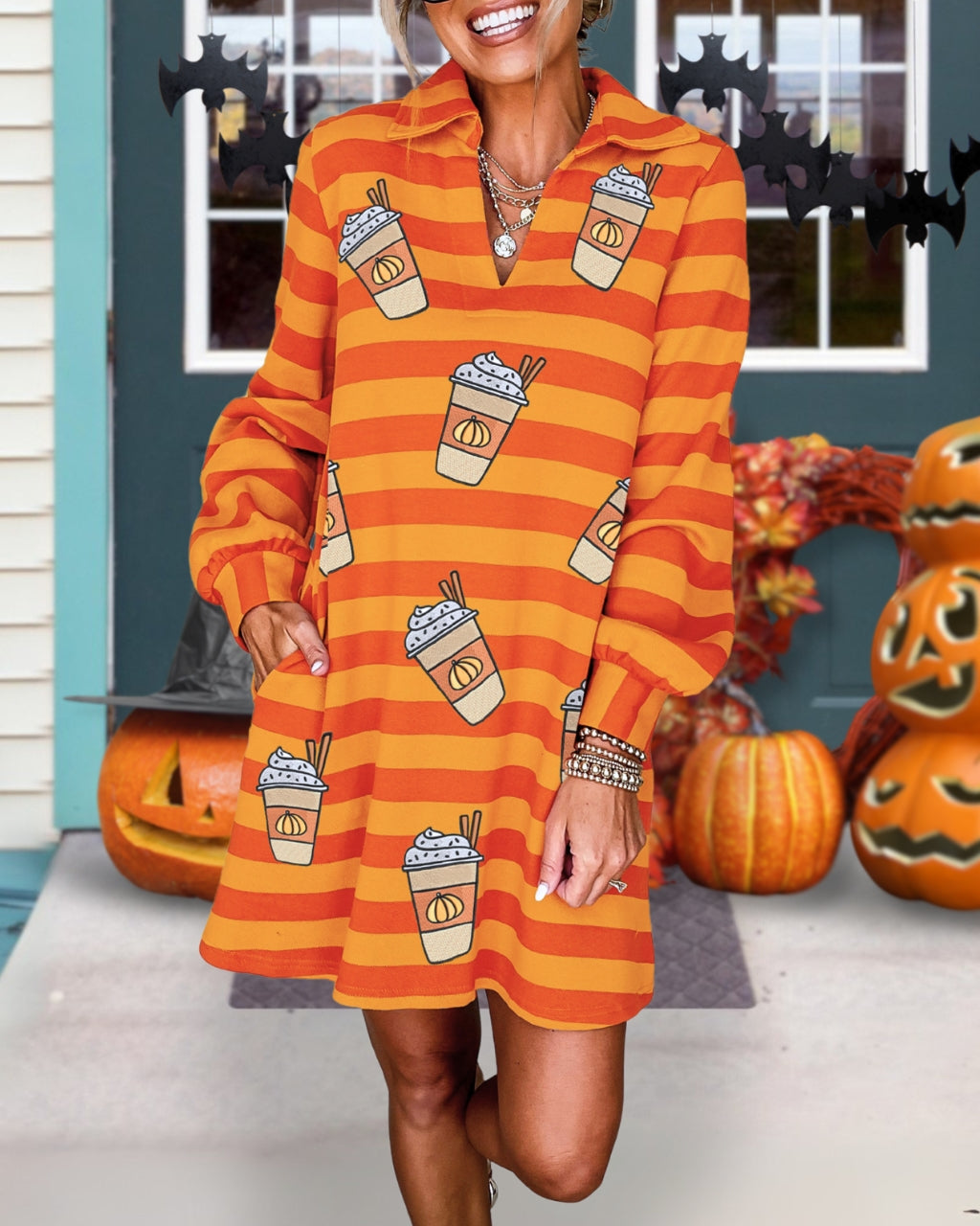 PSL Sequin Pumpkin Latte Stripe Dress