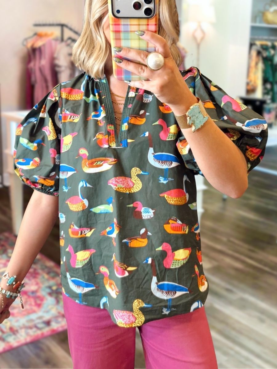 Colorful Mallard Print Puff Sleeve Top