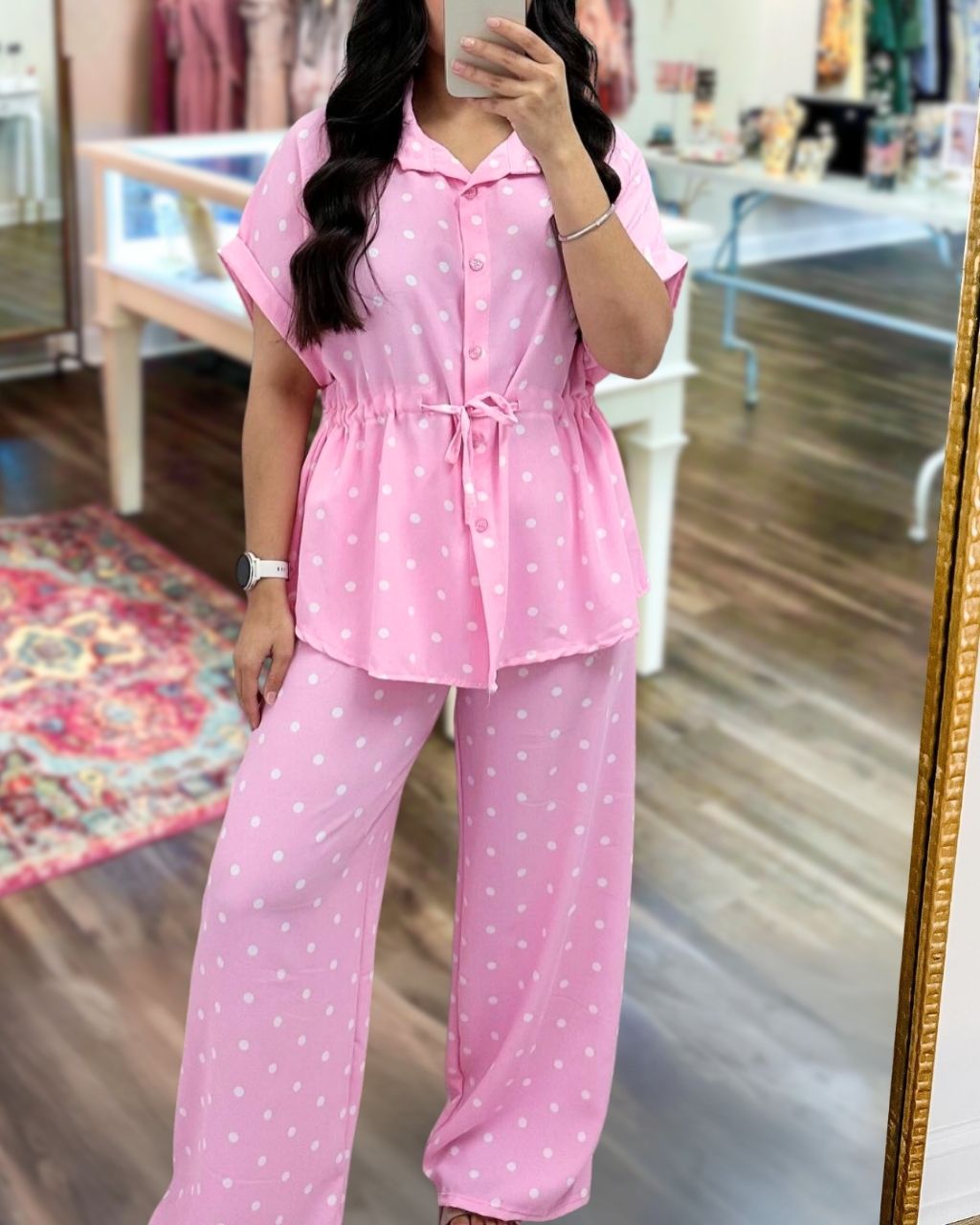Polka Dot Fitted Waist Shirt Set