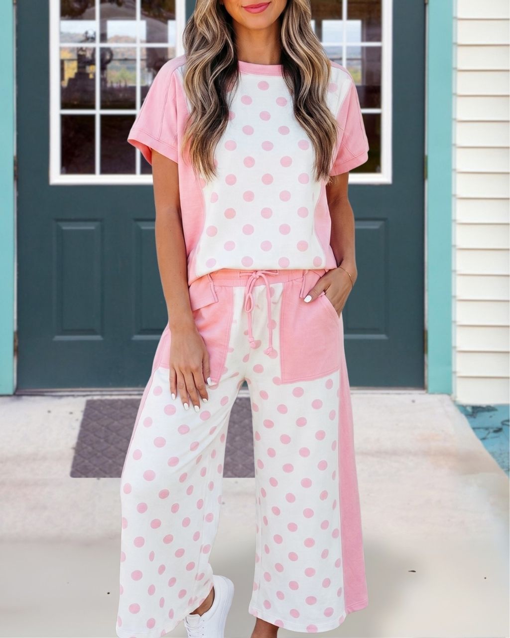 Polka Dot Patchwork Wide-leg Pants Set