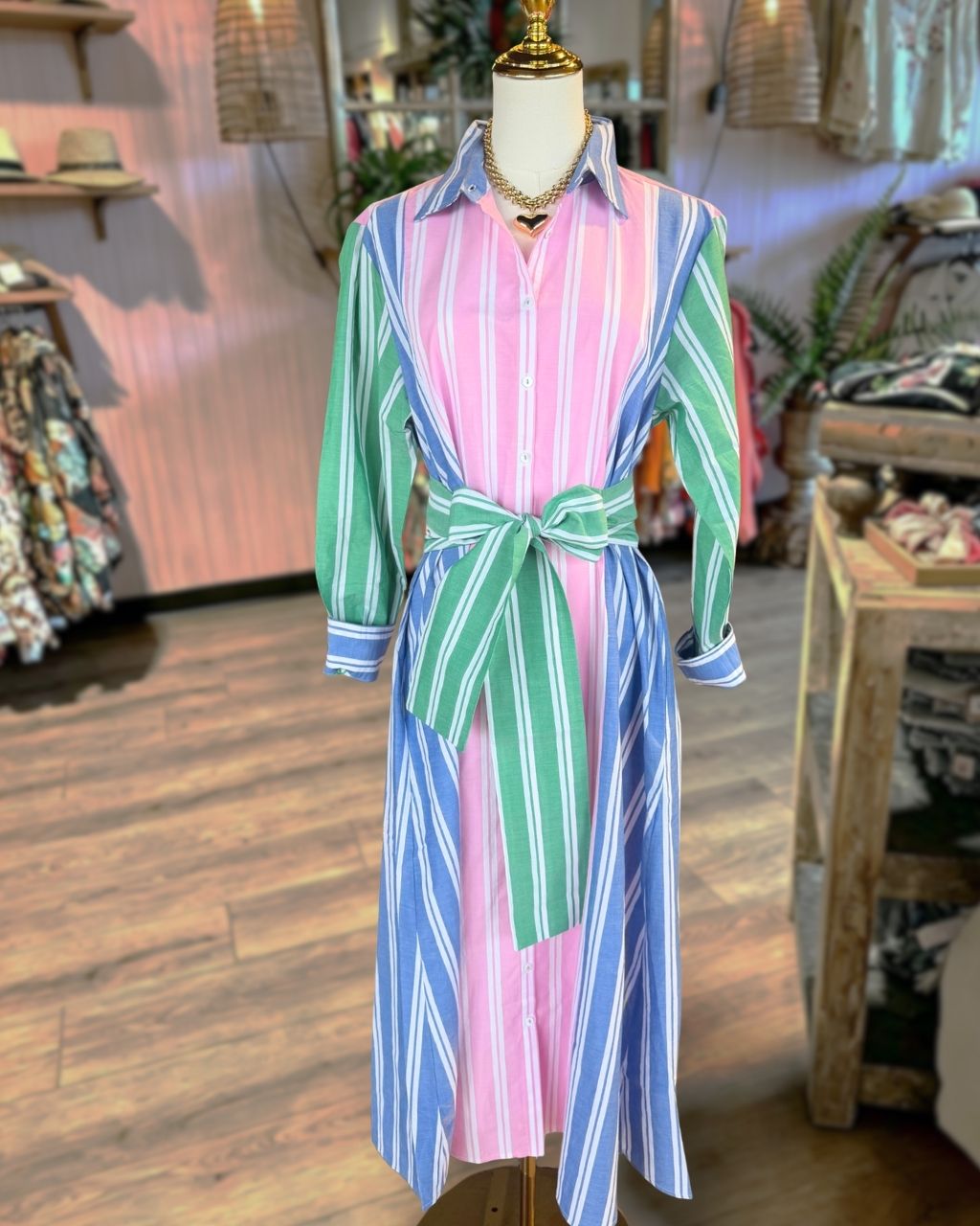 Color-blocked Striped Shirt Dress