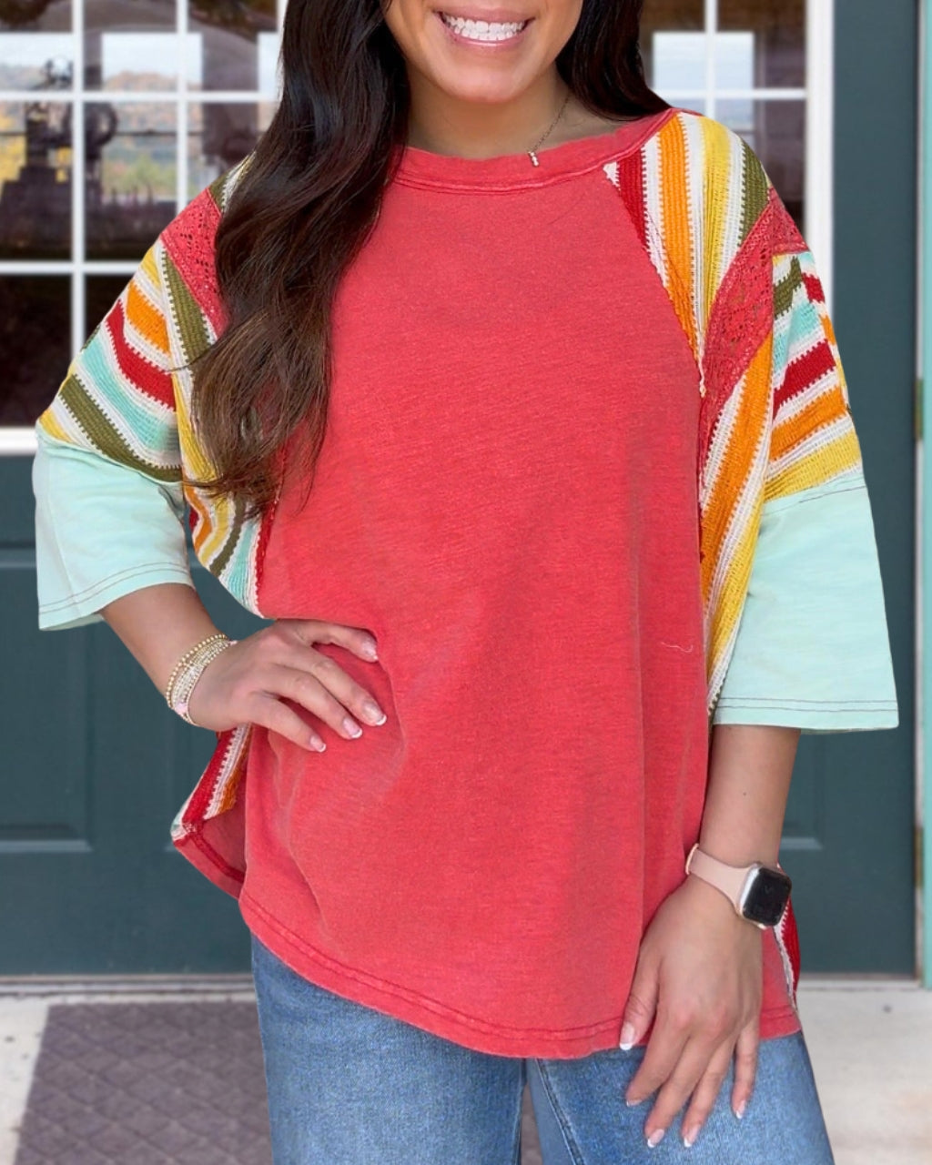 Colorful Striped Patchwork Sleeve Top