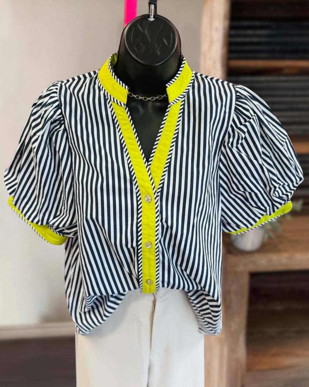 Lemon Puff Sleeve Striped Top