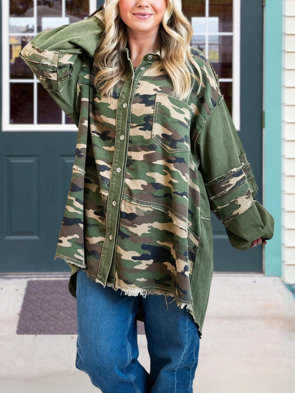 Loose Camouflage Patchwork Frayed Edge Shirt