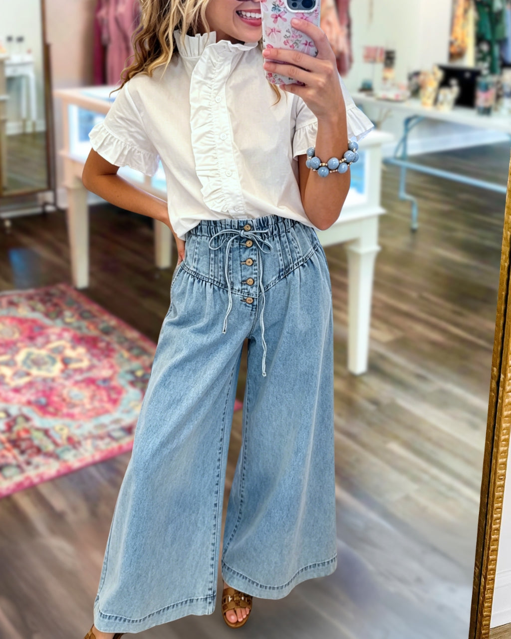 Pleated Wide-Leg Denim Pants