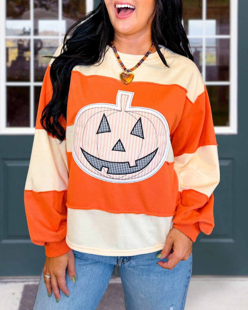 Color Block Pumpkin Embroidery Pullover