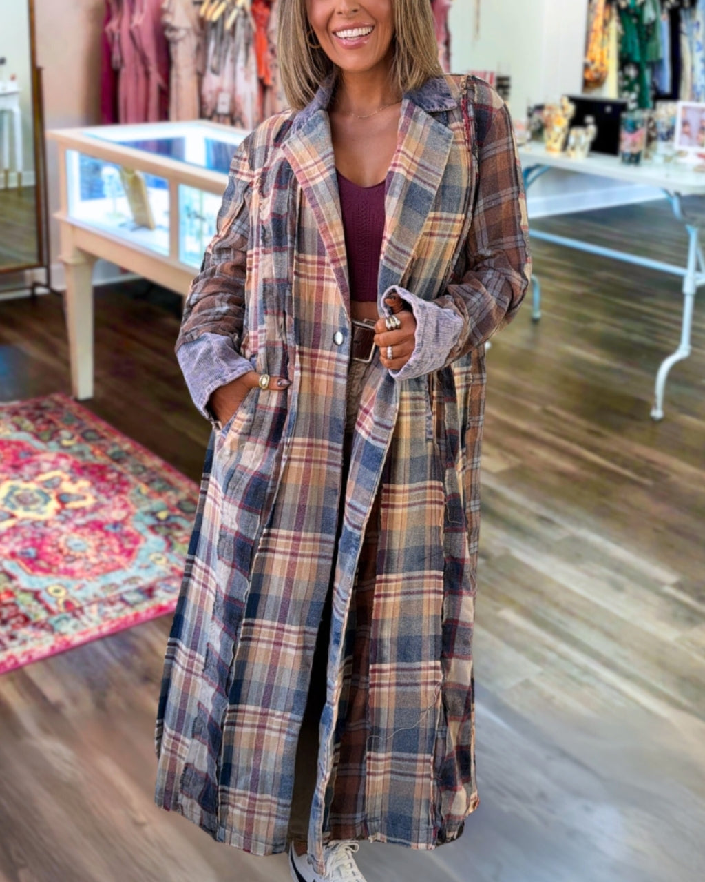 Plaid Patchwork Washed Maxi Coat