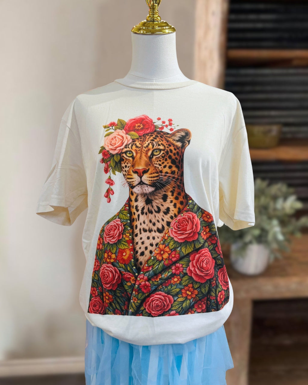 Unique Floral Leopard Studded T-shirt