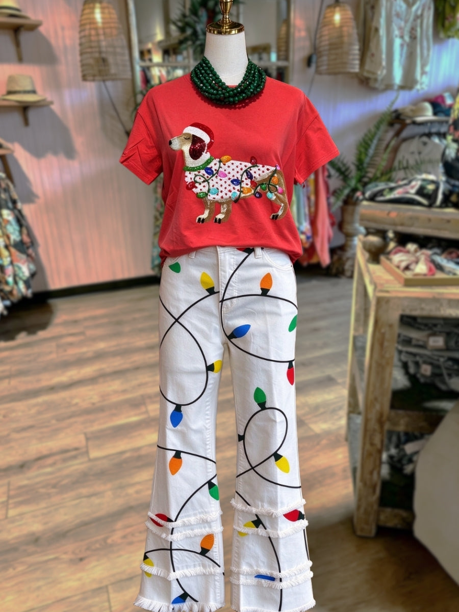 Christmas Light-Print Tassel Flared Pants