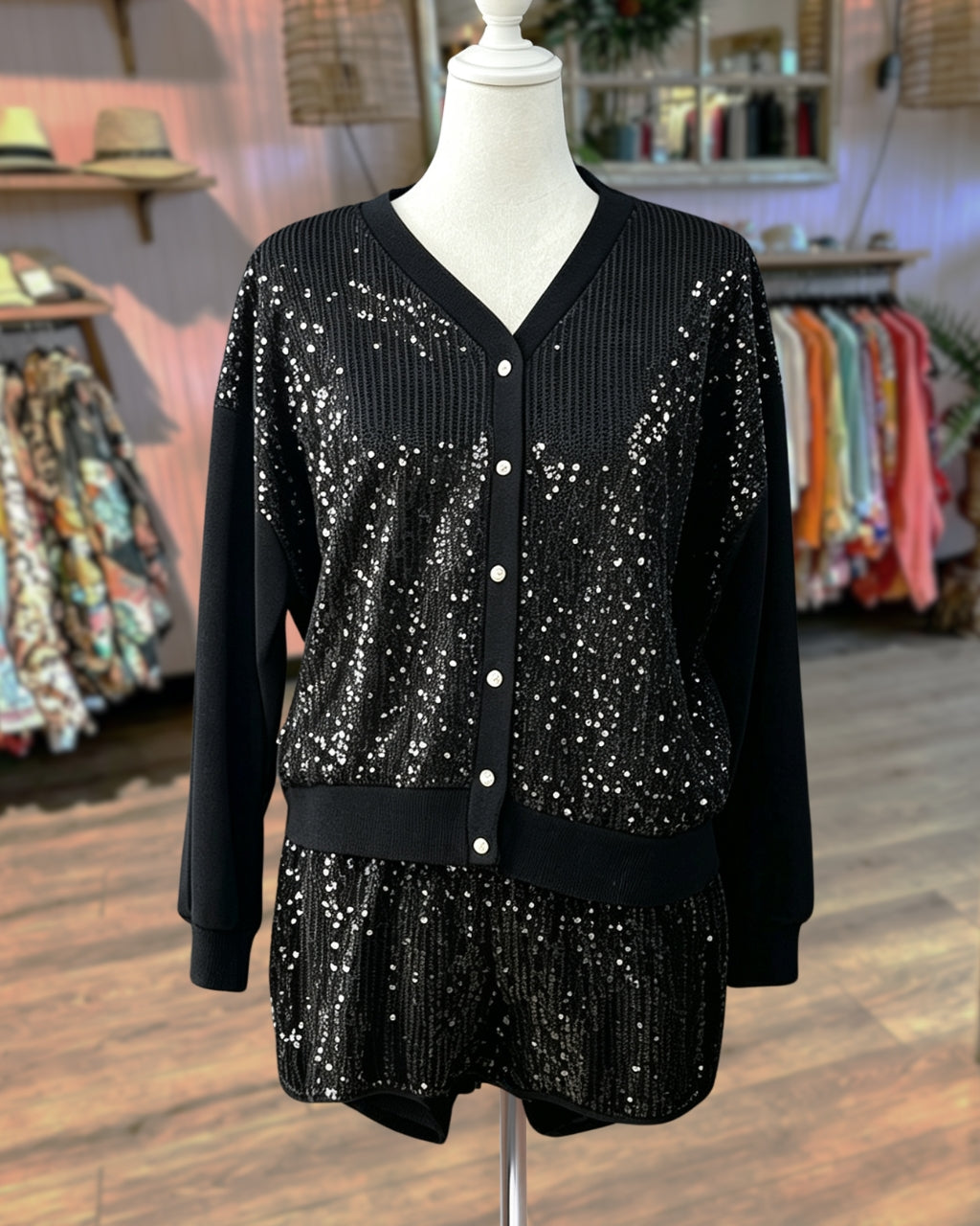 Sparkling Sequined Cardigan Shorts Set