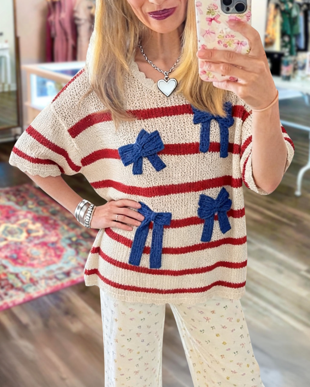 Bow Striped Knit Top