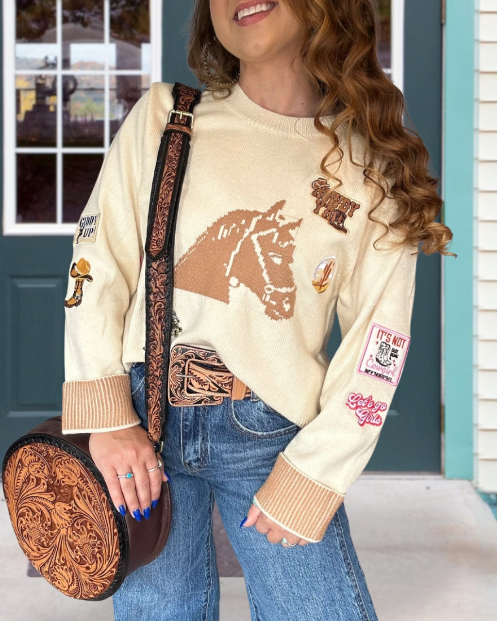 Embroidered Western Patch Cowpoke Sweater