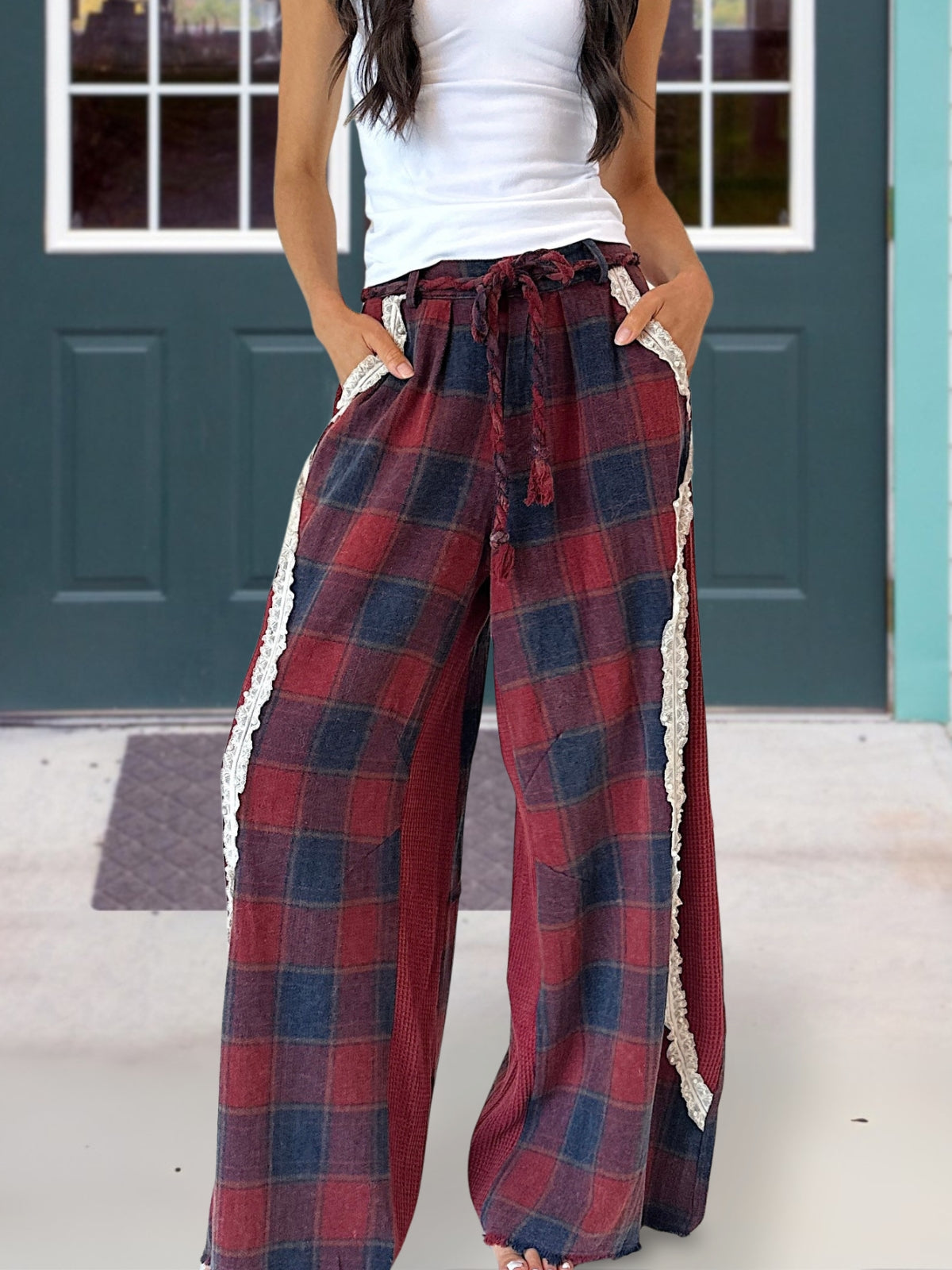 Lace Appliqué Plaid Pants