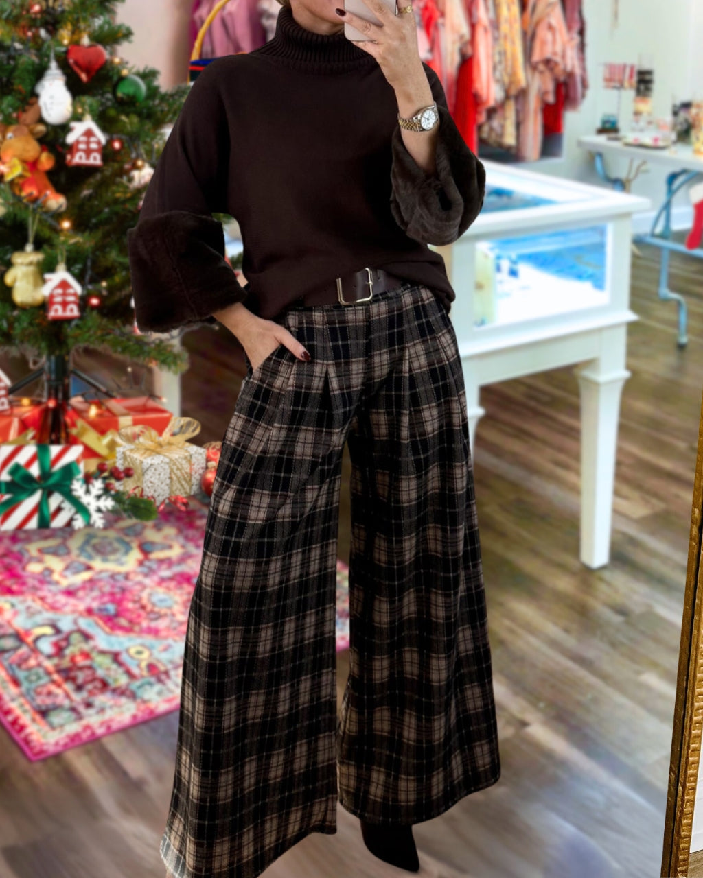 Stylish Plaid Wool Wide-leg Pants