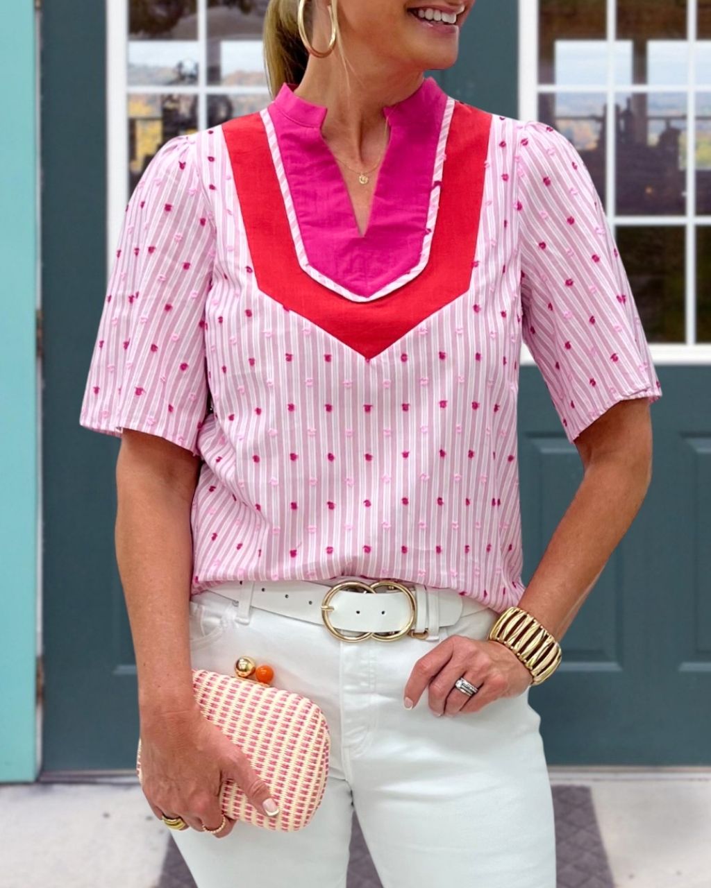 Jacquard Striped V-Neck Top