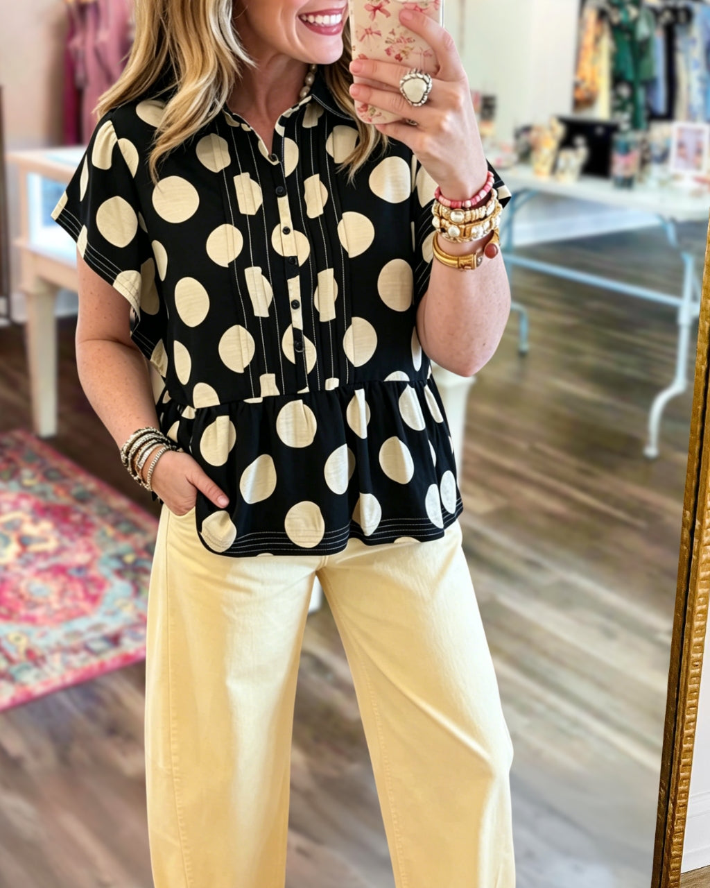 Chic Pleated Polka-Dot Top